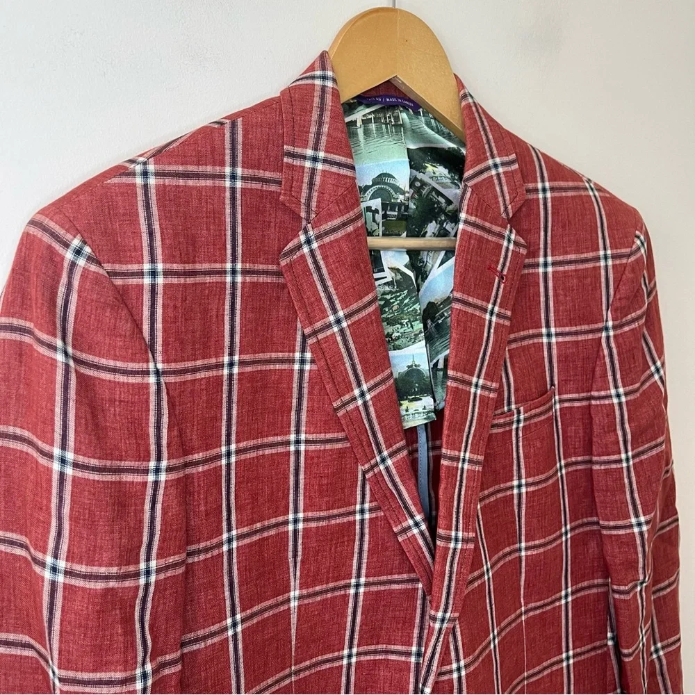 Ted Baker Endurance Linen Windowpane Check Plaid Linen Blazer Red Size 40R - Picture 4 of 13